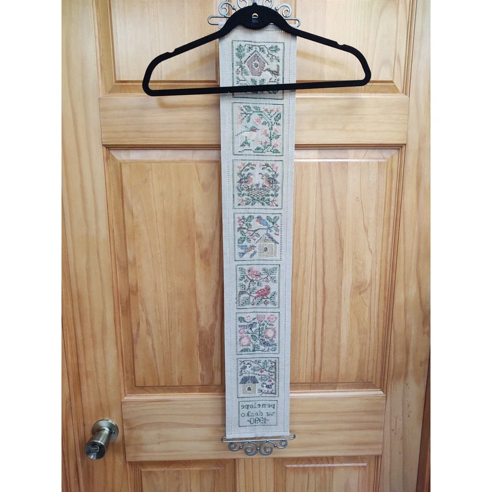 Vintage Completed Cross Stitch Birds Bell Brass Hanger 36